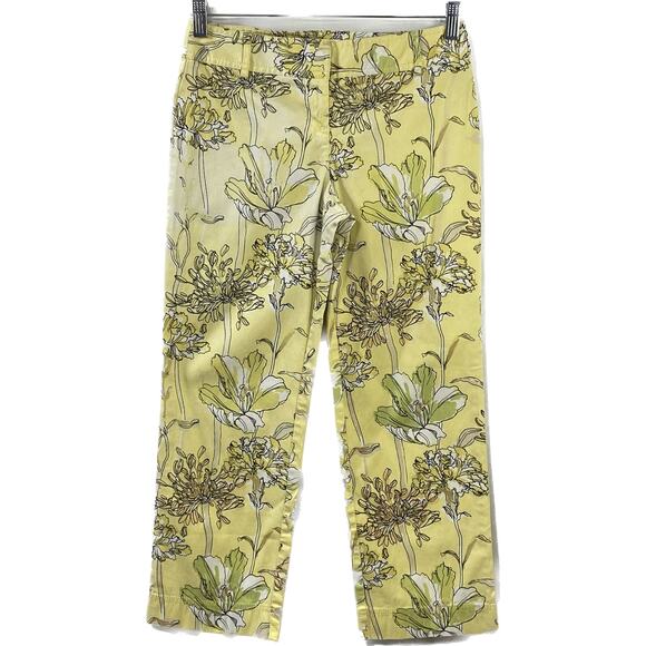 Ann Taylor Loft VTG Marisa Trouser Capri Cropped SZ 2 Yellow Floral Ribbed - Picture 1 of 10